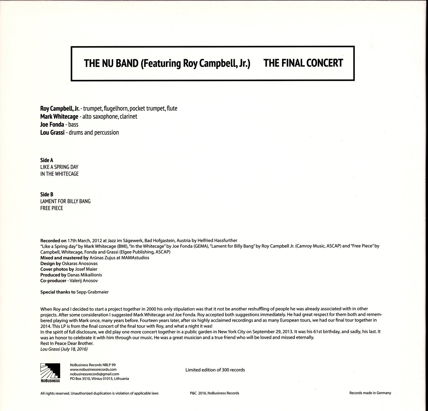 The Nu Band ‎– The Final Concert Vinyl LP Limited Edition