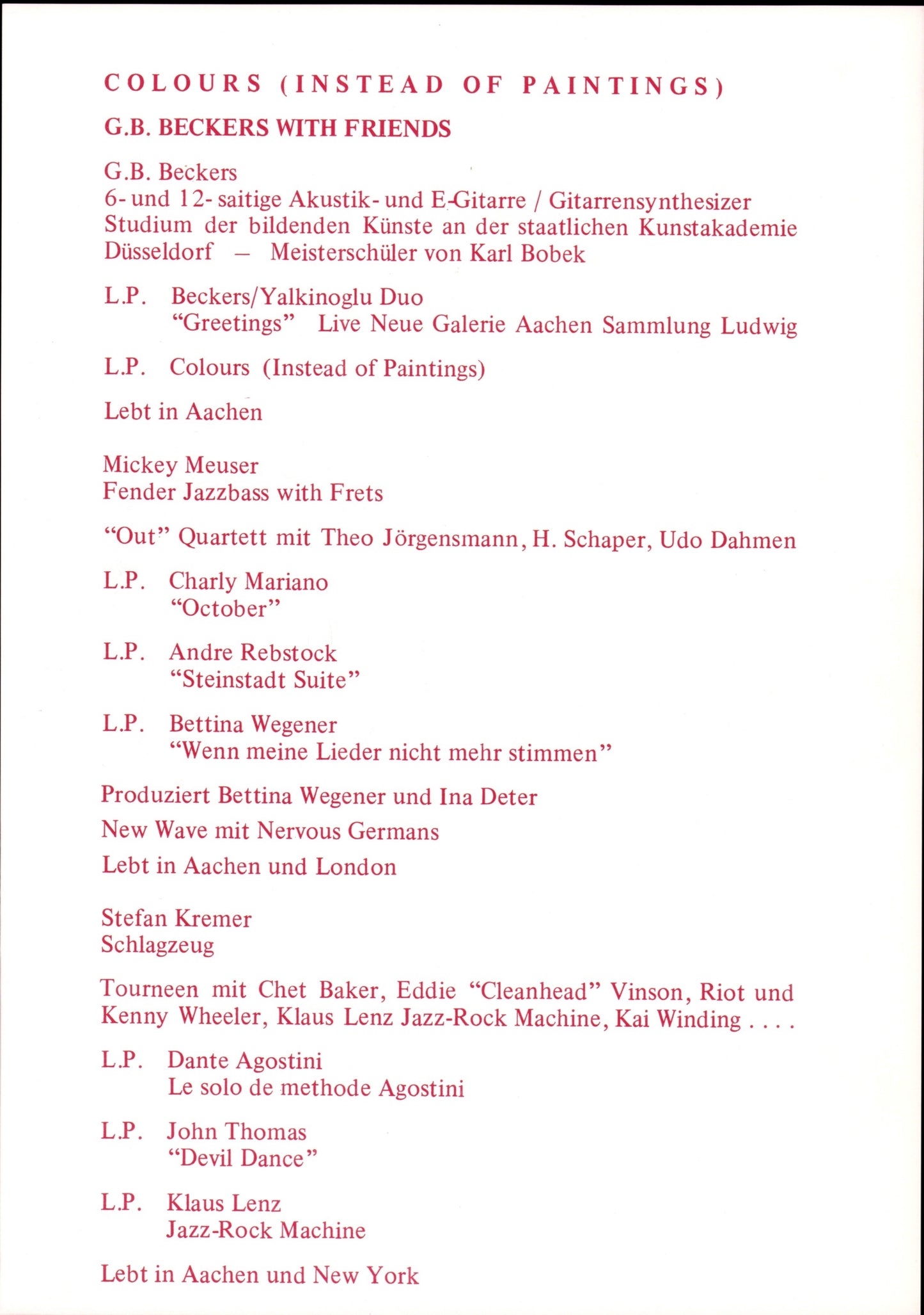 G. B. Beckers With Friends ‎– Colours Instead Of Paintings Vinyl LP