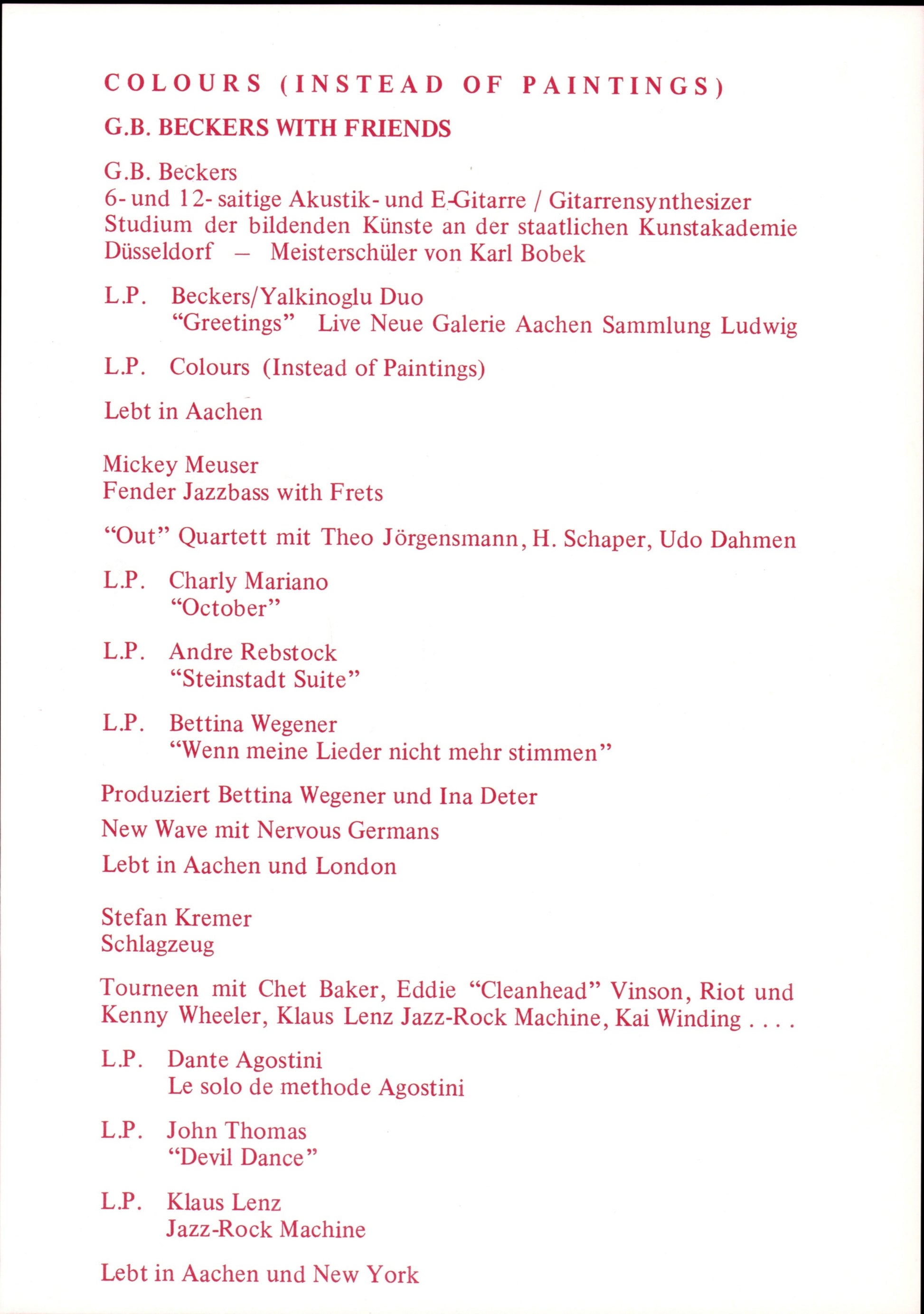 G. B. Beckers With Friends ‎– Colours Instead Of Paintings Vinyl LP