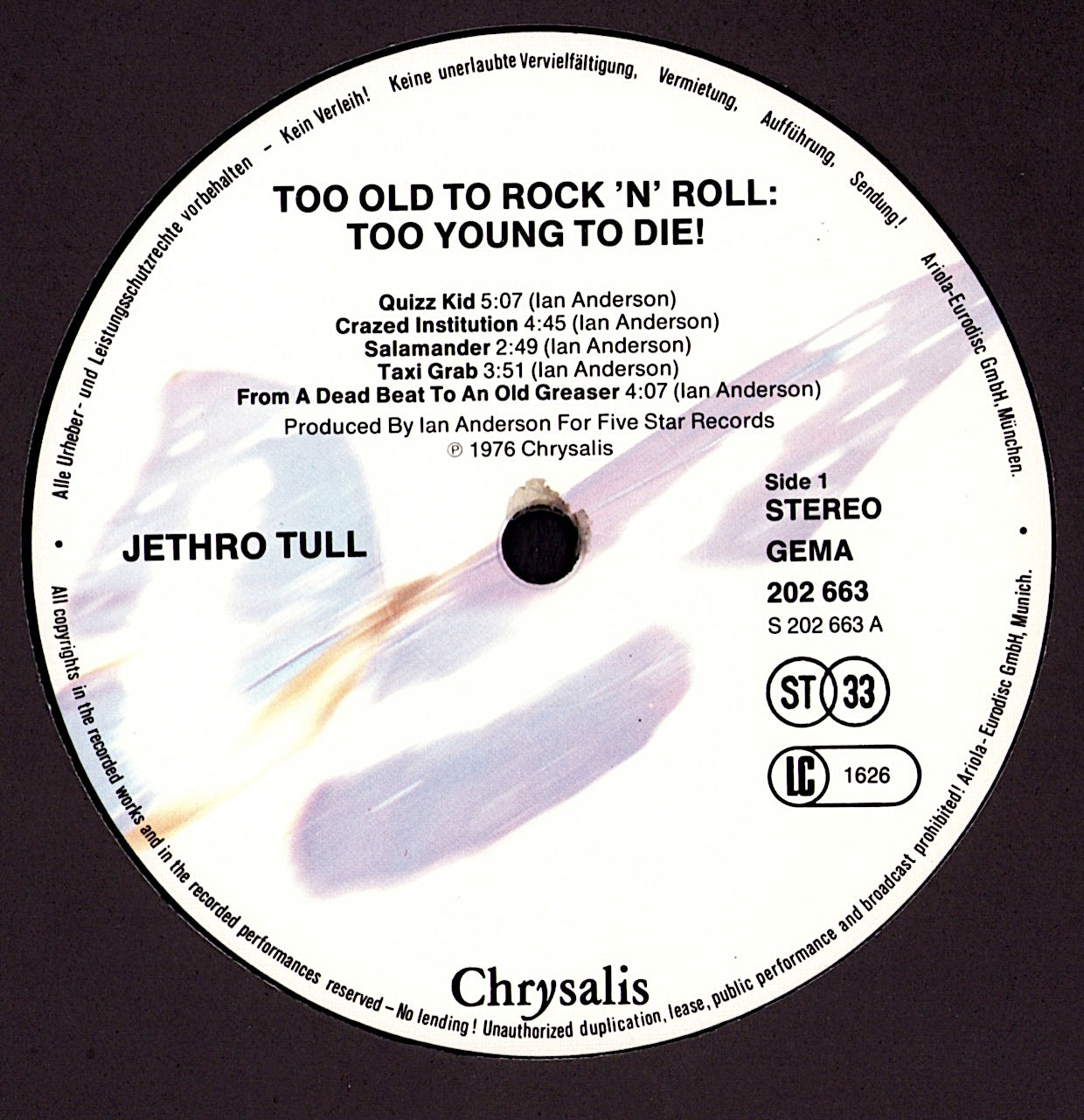 Jethro Tull ‎- Too Old To Rock 'N' Roll: Too Young To Die! Vinyl LP Kopie
