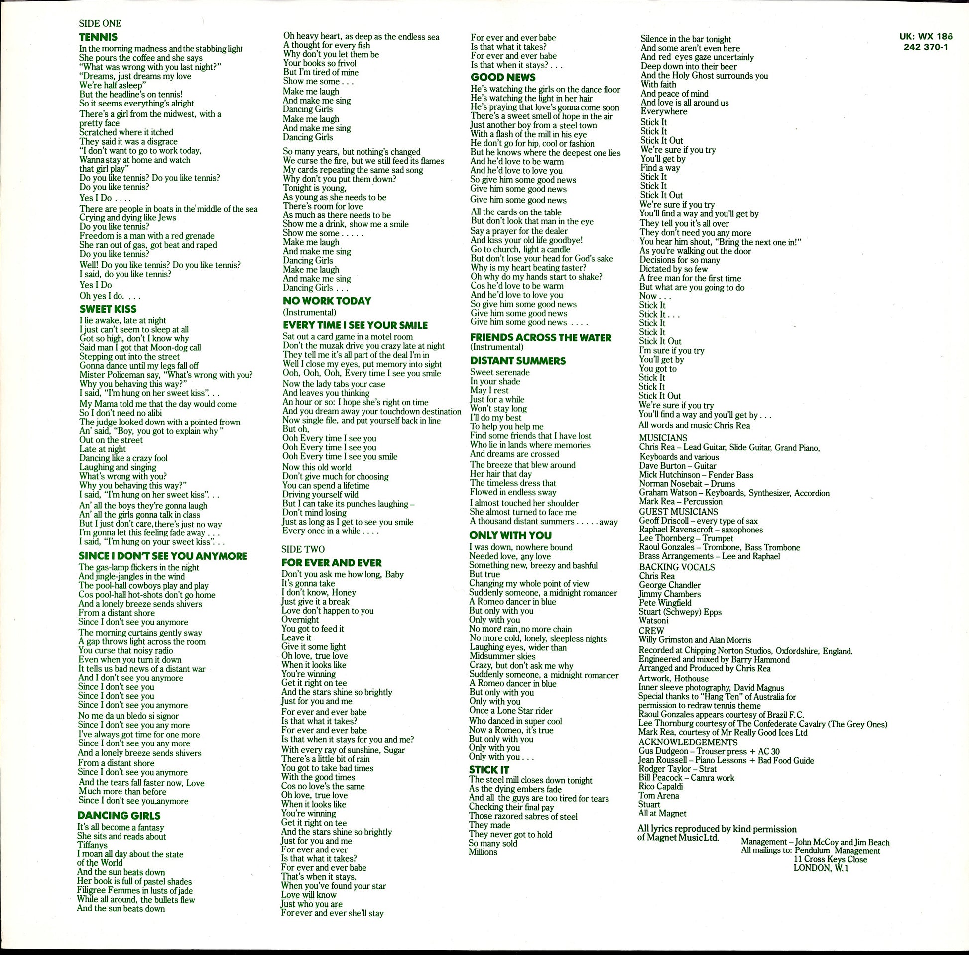 Chris Rea - Tennis Vinyl LP