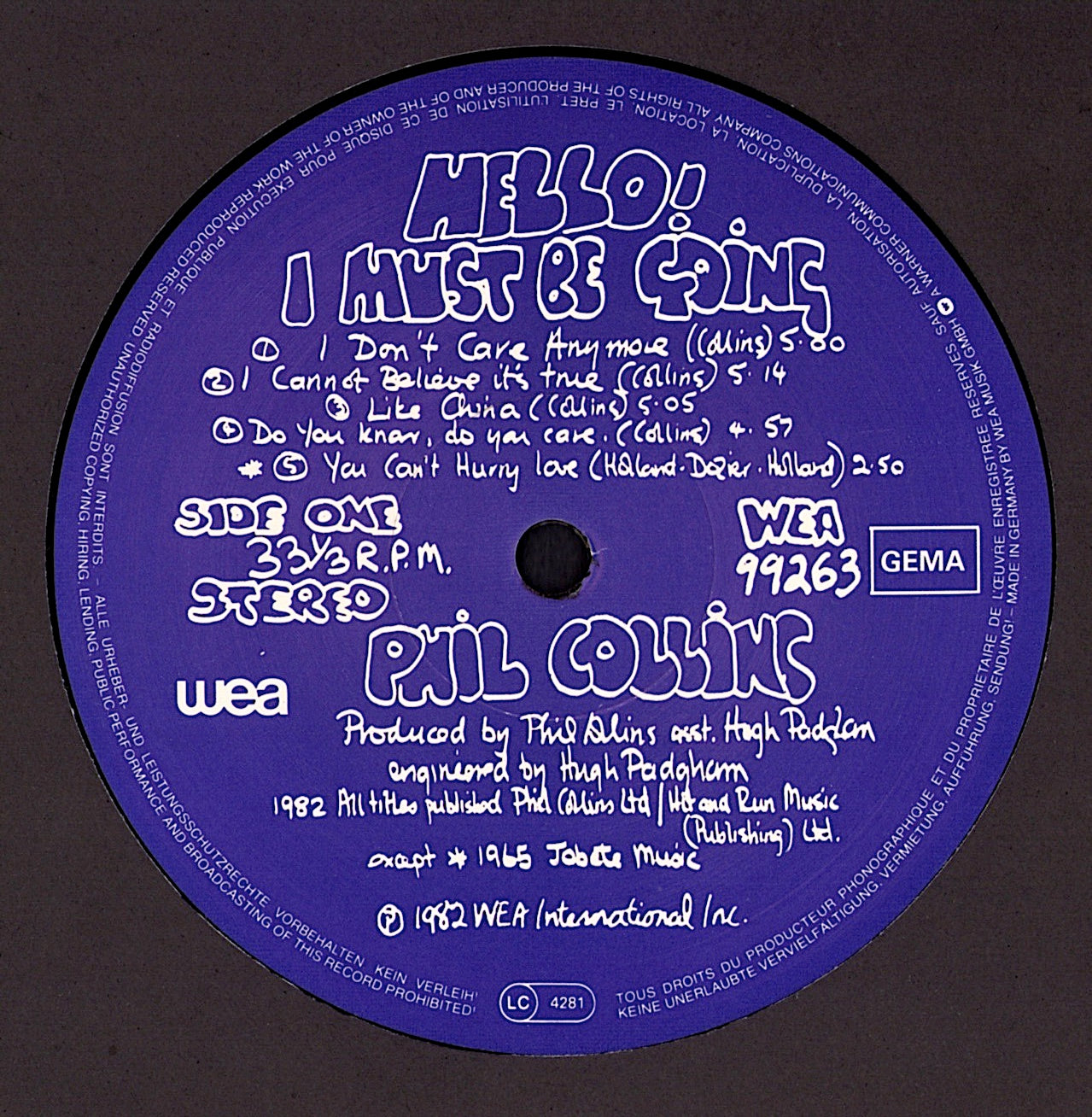 Phil Collins - Hello, I Must Be Going! Vinyl LP Kopie