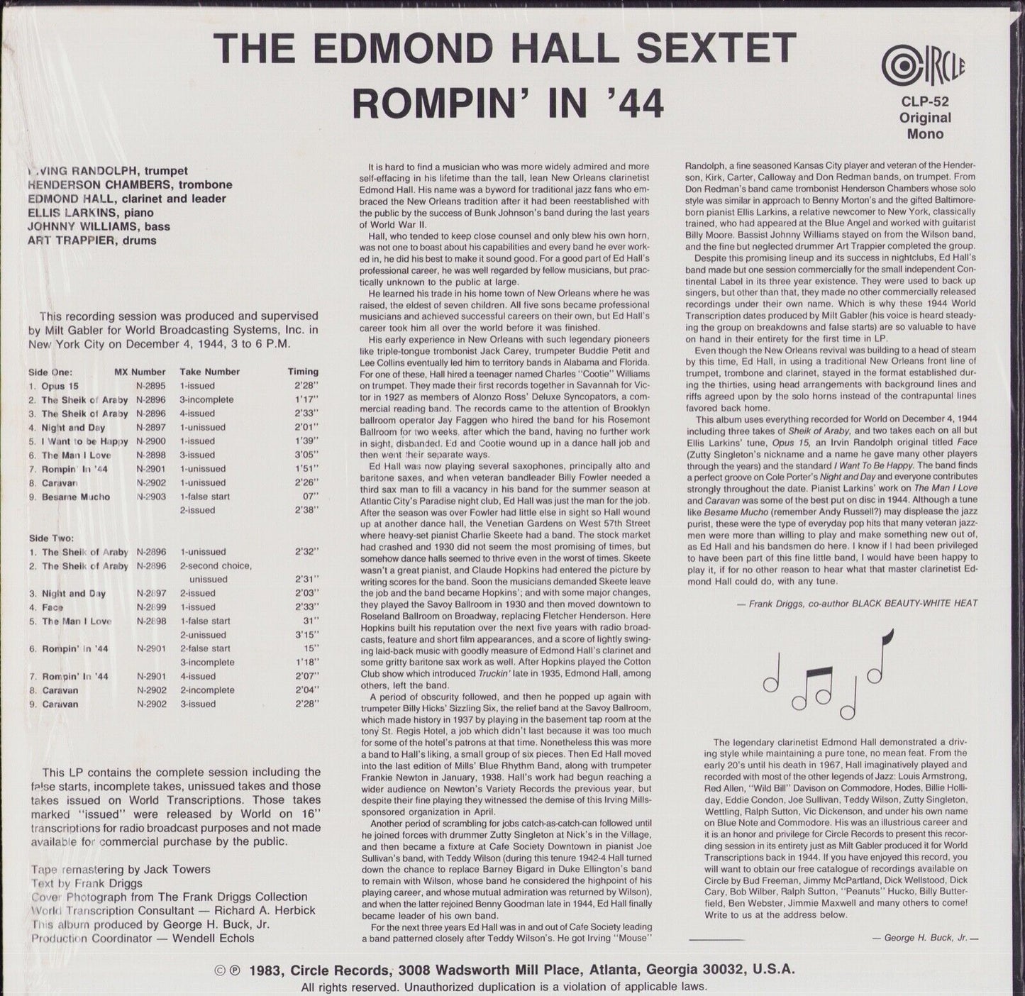 Edmond Hall Sextet ‎- Rompin' In '44 Vinyl LP US