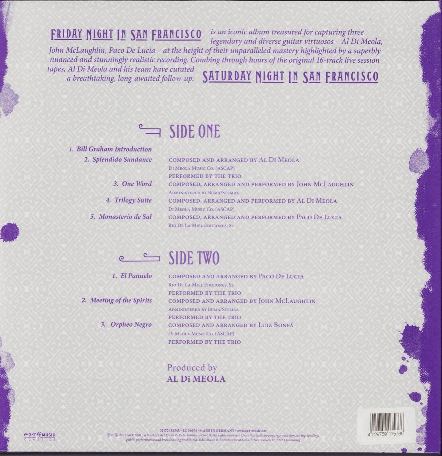 Al Di Meola, John McLaughlin, Paco De Lucía ‎- Saturday Night In San Francisco Crystal Clear Vinyl LP Limited Edition