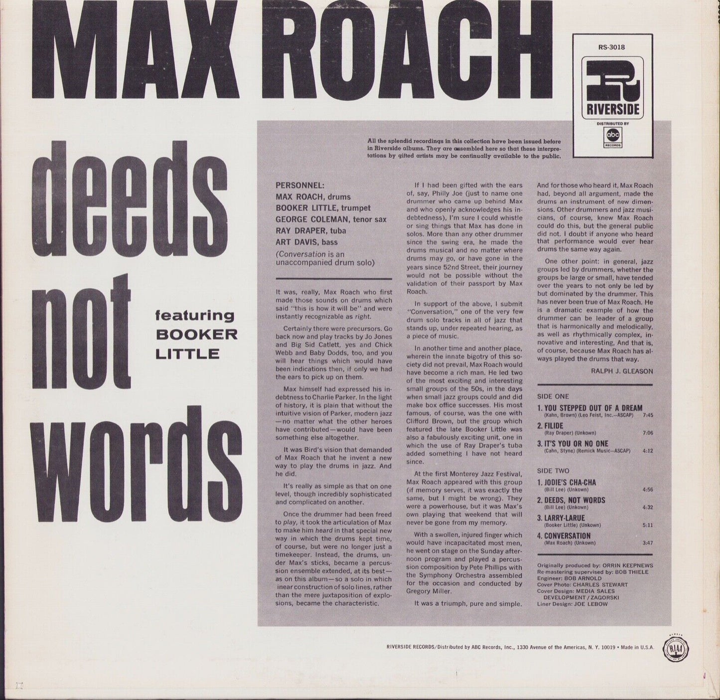 Max Roach Featuring Booker Little ‎- Deeds Not Words Vinyl LP US