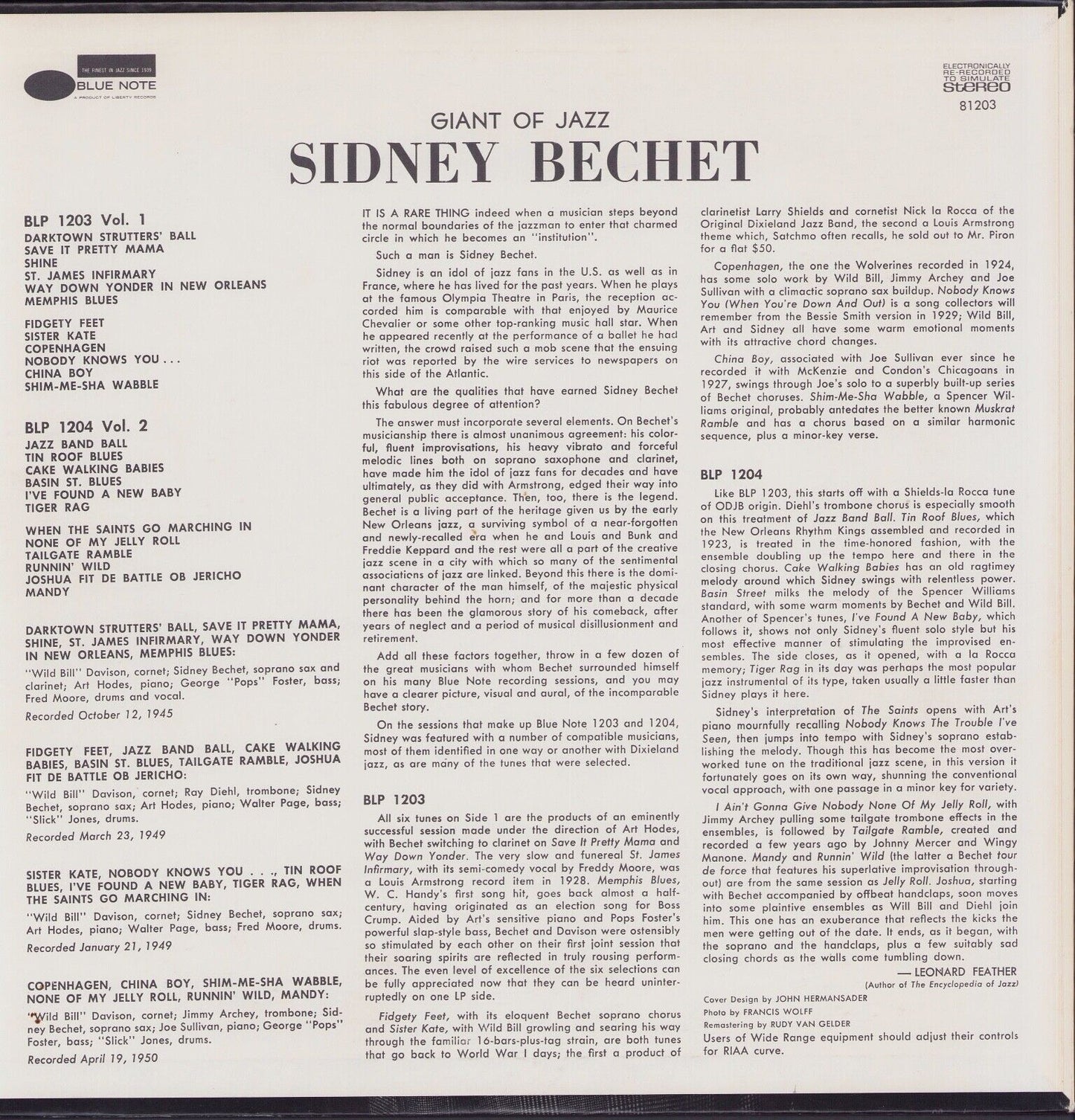 Sidney Bechet With "Wild Bill" Davison And Art Hodes - Volume 1 Vinyl LP