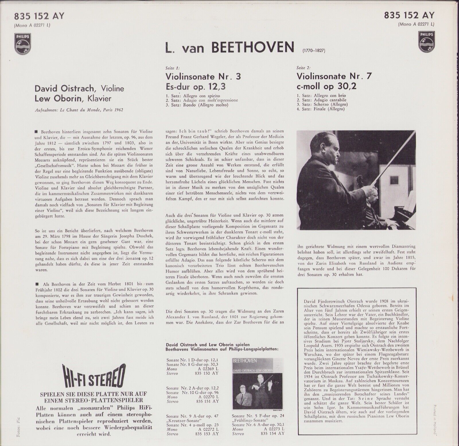 Beethoven - David Oistrach, Lev Oborin ‎- Violinsonaten III No. 3 Op. 12 No. 3 - No. 7 Op. 30 No. 2 Vinyl LP