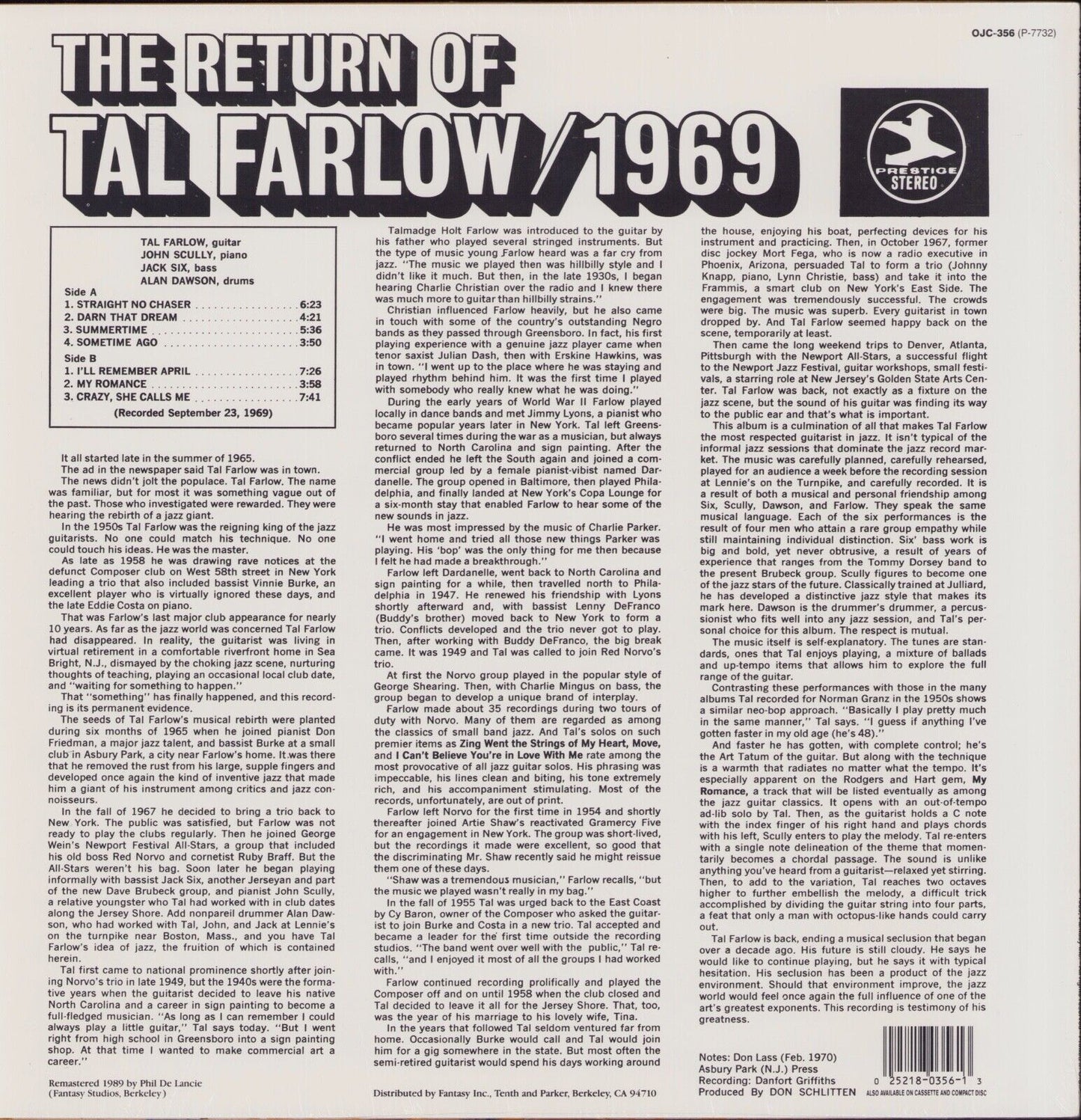 Tal Farlow ‎- The Return Of Tal Farlow / 1969 Vinyl LP
