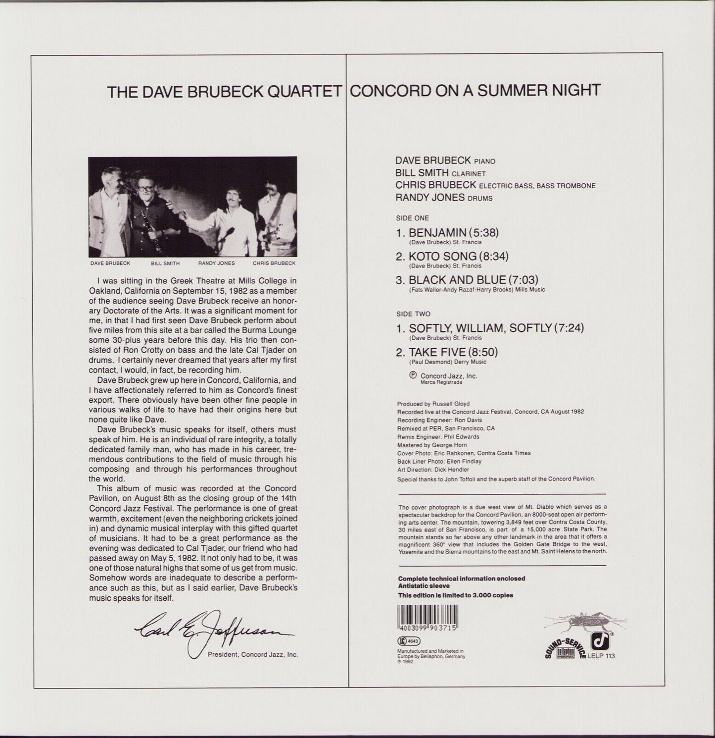The Dave Brubeck Quartet ‎- Concord On A Summer Night Vinyl LP Limited Edition