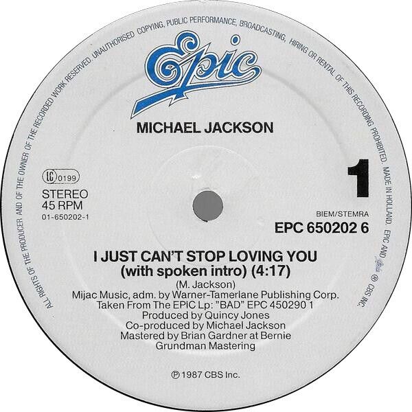 Michael Jackson ‎- I Just Can't Stop Loving You Vinyl 12"