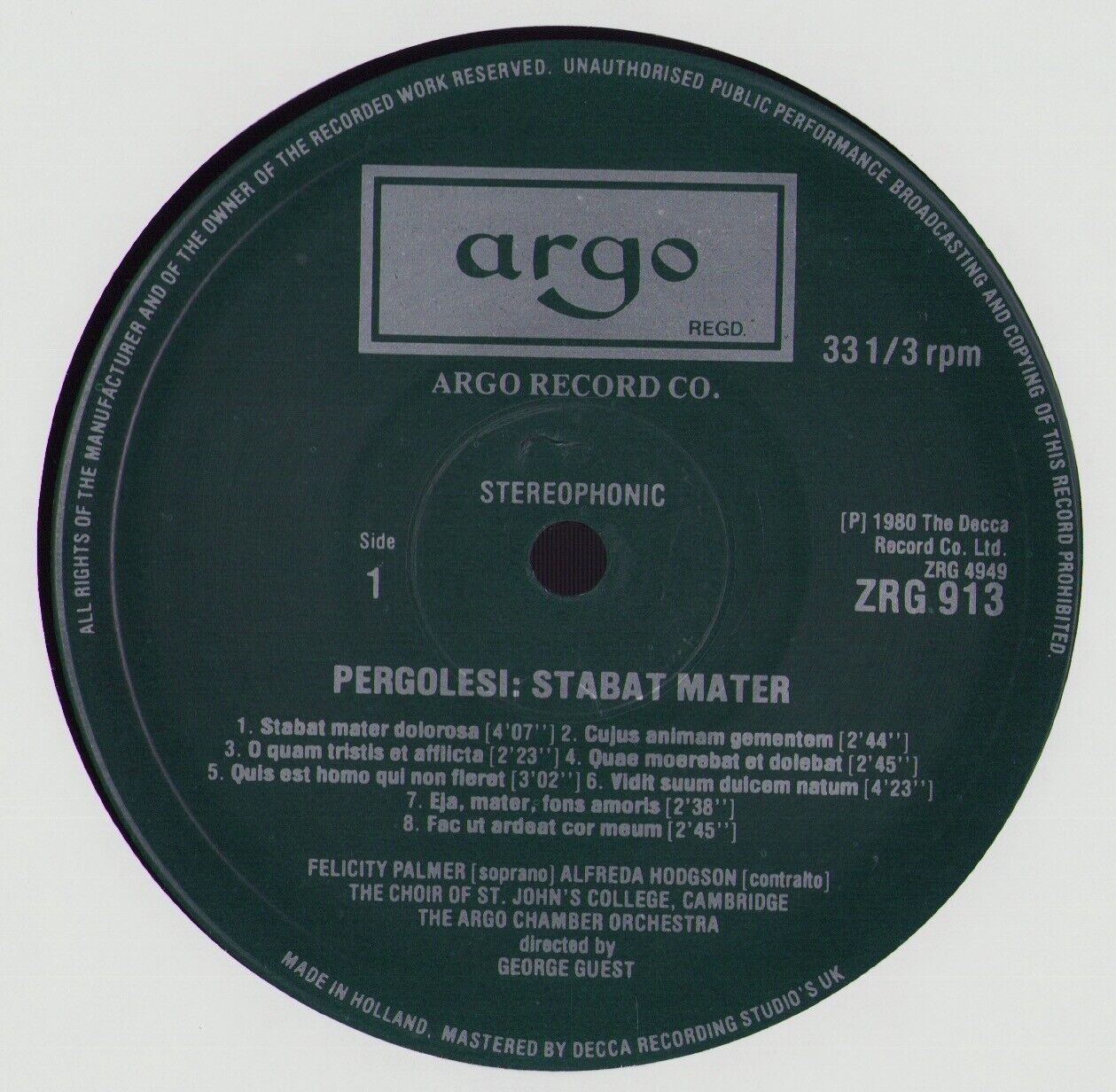 Pergolesi - Felicity Palmer, Alfreda Hodgson, Choir Of St. John's College, Cambridge, The Argo Chamber Orchestra, George Guest- Stabat Mater / Concertino Armonico No. 2 Vinyl LP