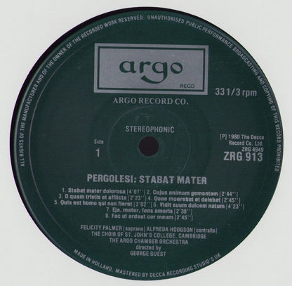 Pergolesi - Felicity Palmer, Alfreda Hodgson, Choir Of St. John's College, Cambridge, The Argo Chamber Orchestra, George Guest- Stabat Mater / Concertino Armonico No. 2 Vinyl LP