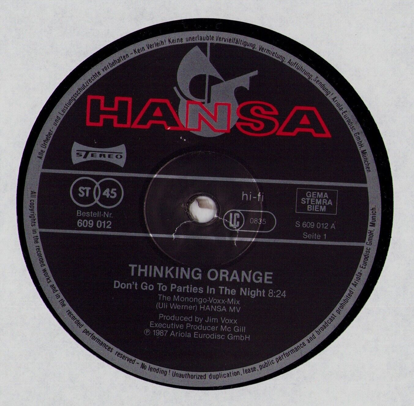 Thinking Orange ‎- Don't Go To Parties In The Night Vinyl 12"