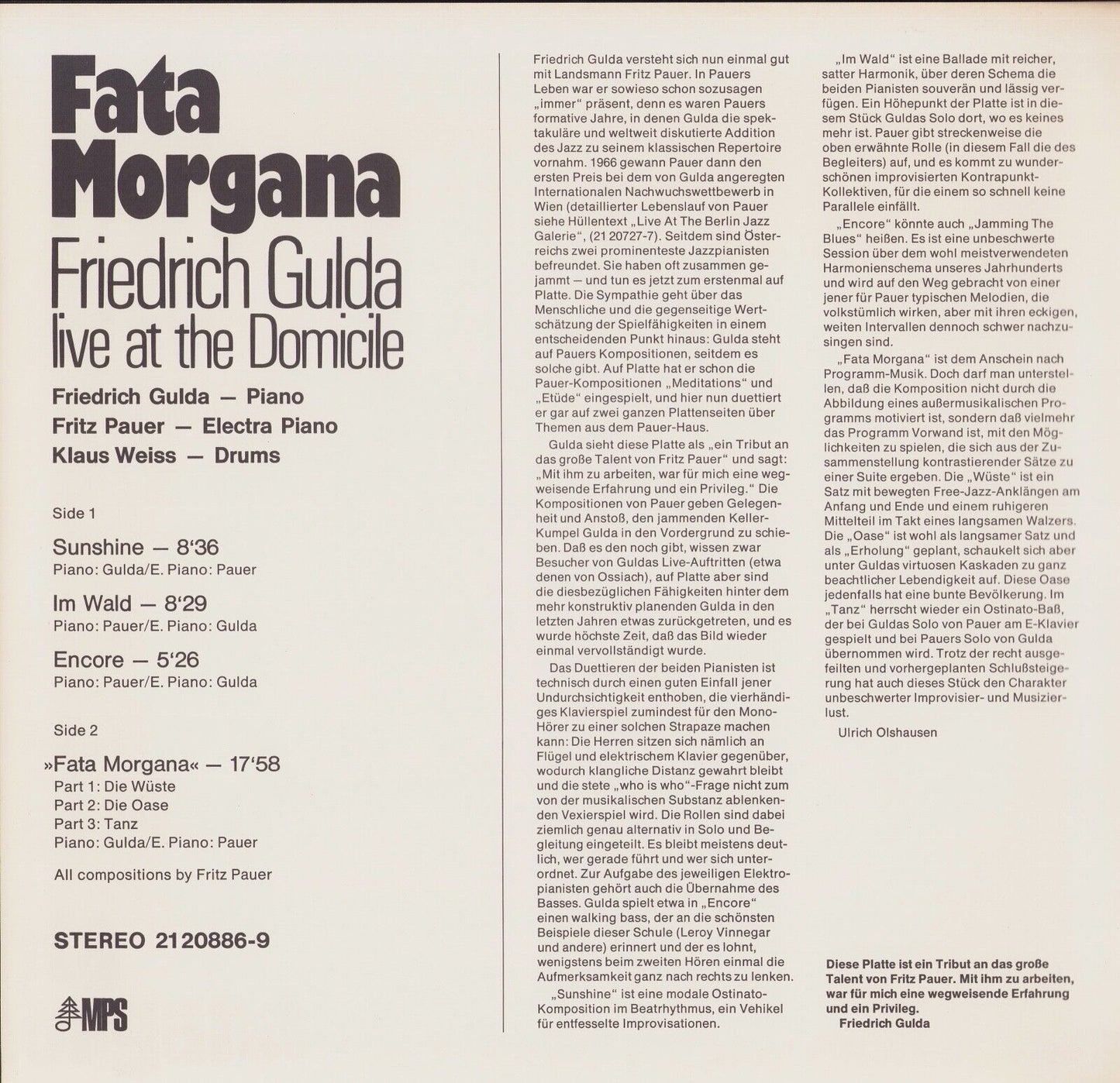 Friedrich Gulda ‎- Fata Morgana Live At The Domicile Vinyl LP