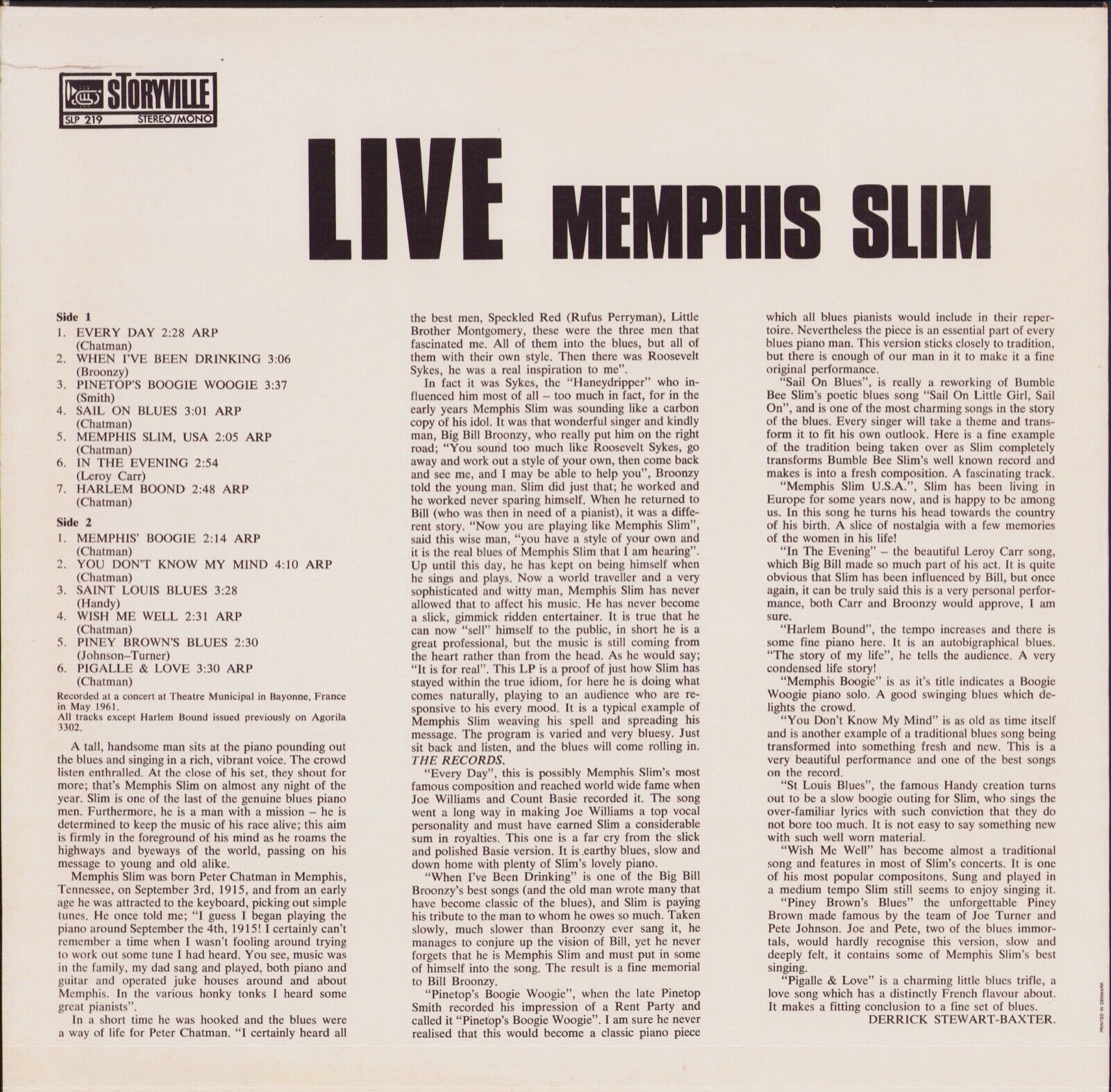 Memphis Slim - Live Vinyl LP