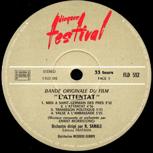 Ennio Morricone ‎- L'Attentat Bande Originale Du Film Vinyl LP