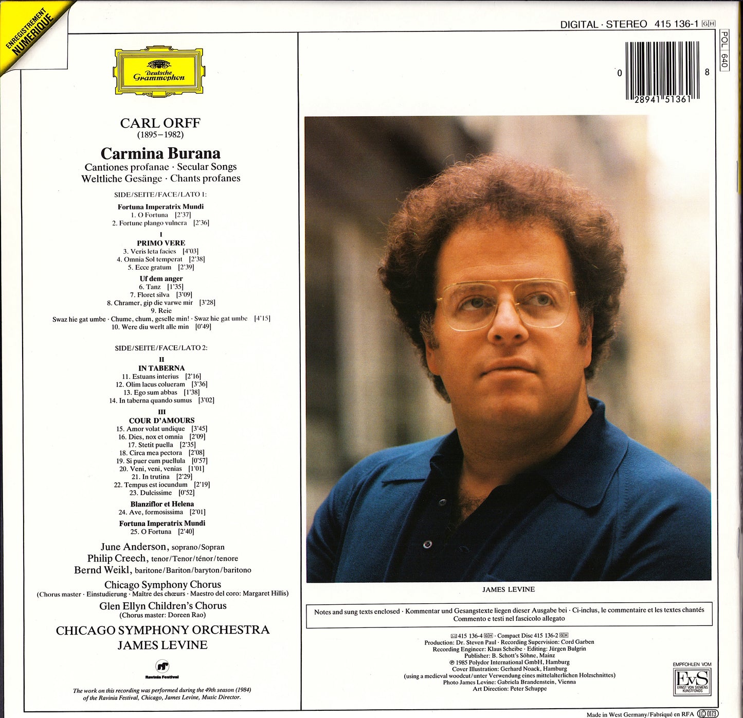 Orff - June Anderson · Bernd Weikl · Philip Creech, Chicago Symphony Chorus And Orchestra, James Levine - Carmina Burana Vinyl LP