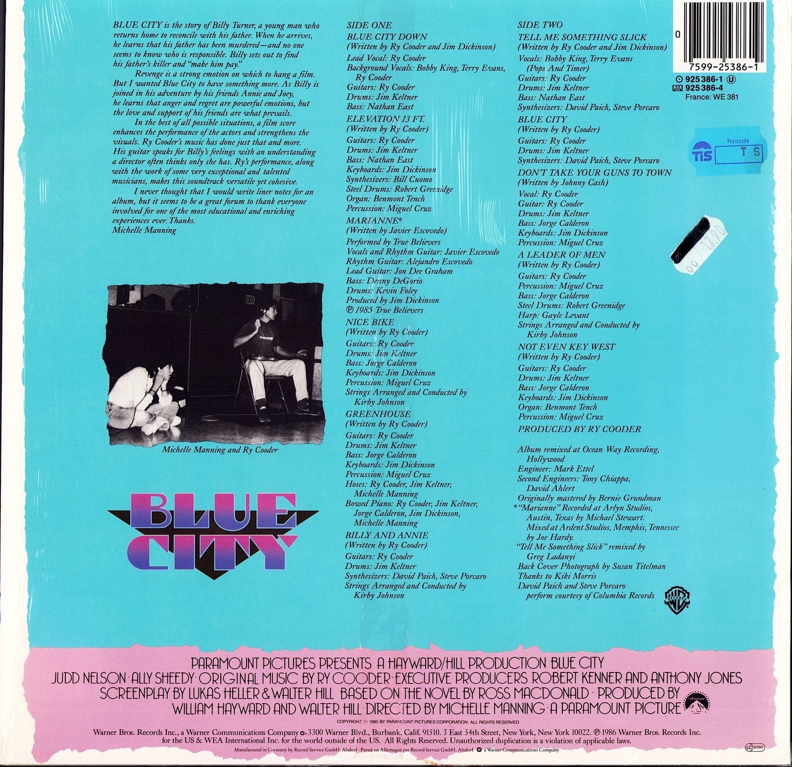Ry Cooder - Blue City Motion Picture Soundtrack Vinyl LP
