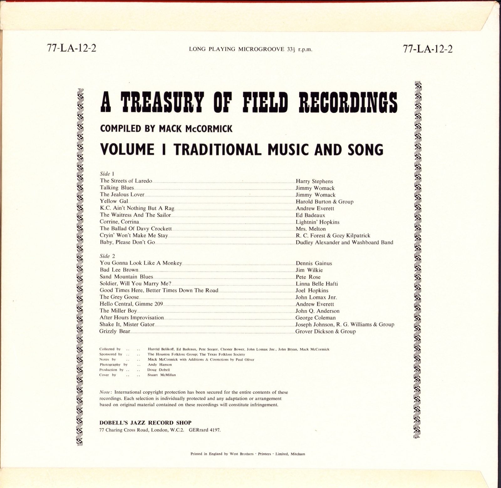 Treasury Of Field Recordings - Volume 1 Traditional Music And Song Vinyl LP