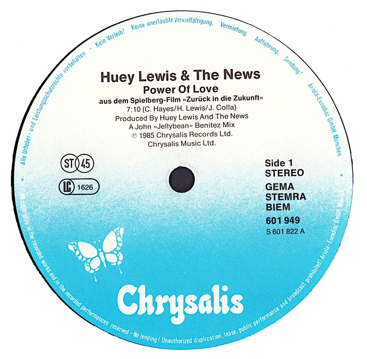 Huey Lewis And The News ‎– The Power Of Love Vinyl 12"
