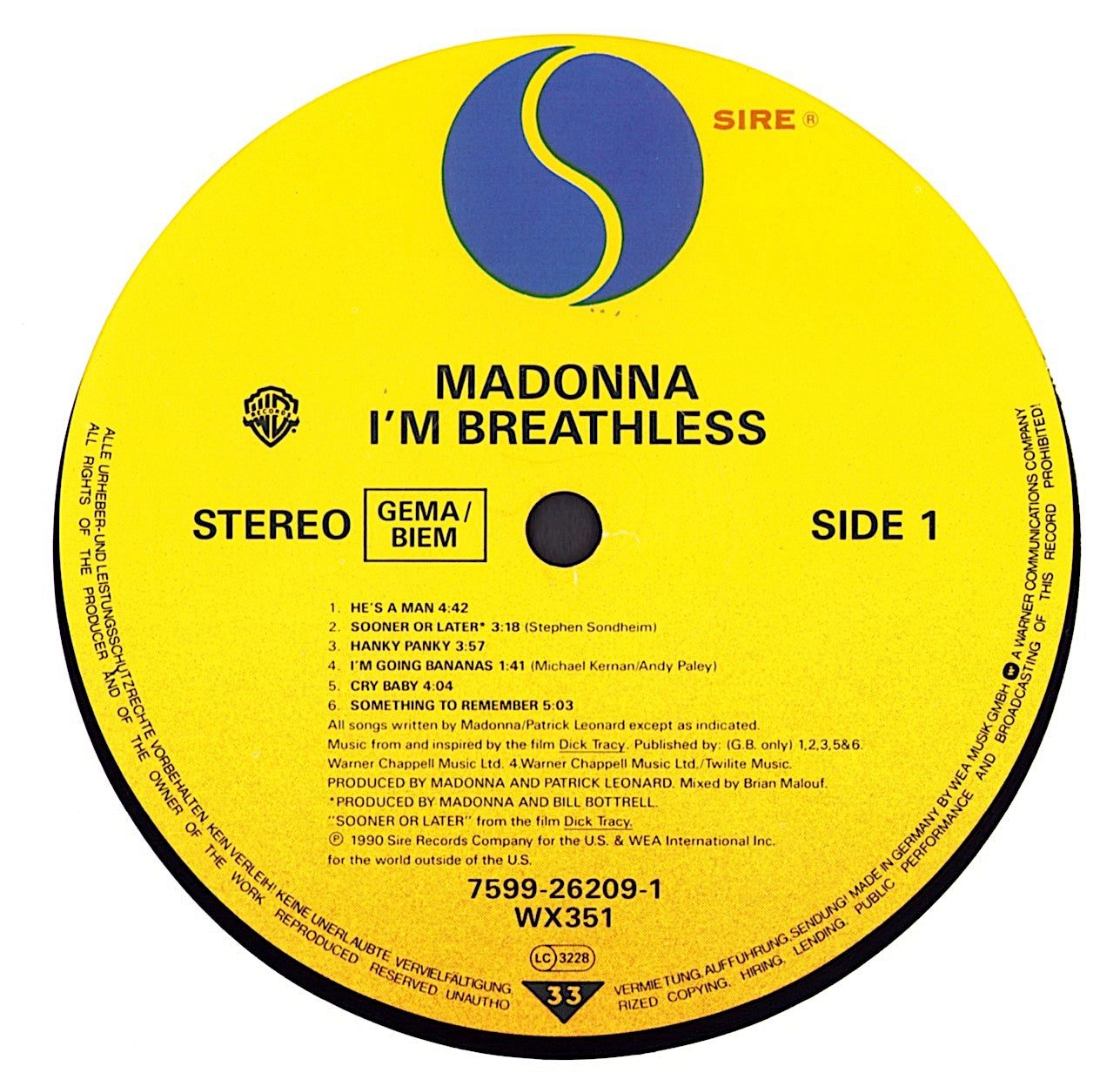Madonna ‎- I'm Breathless Music From And Inspired By The Film Dick Tracy Vinyl LP