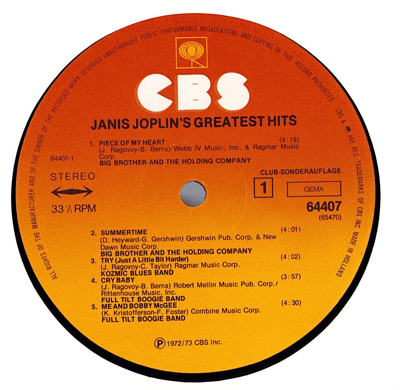 Janis Joplin ‎- Janis Joplin's Greatest Hits Vinyl LP Club Edition