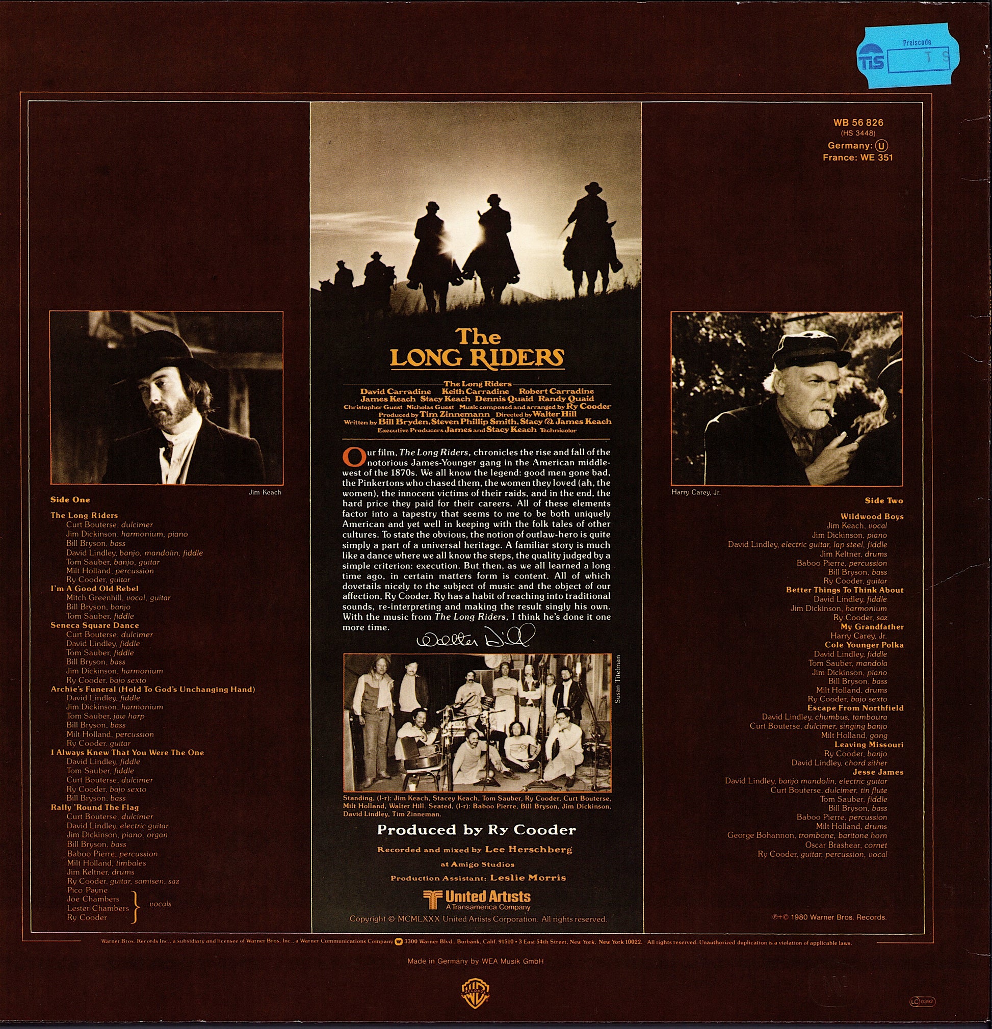 Ry Cooder - The Long Riders Original Sound Track Vinyl LP