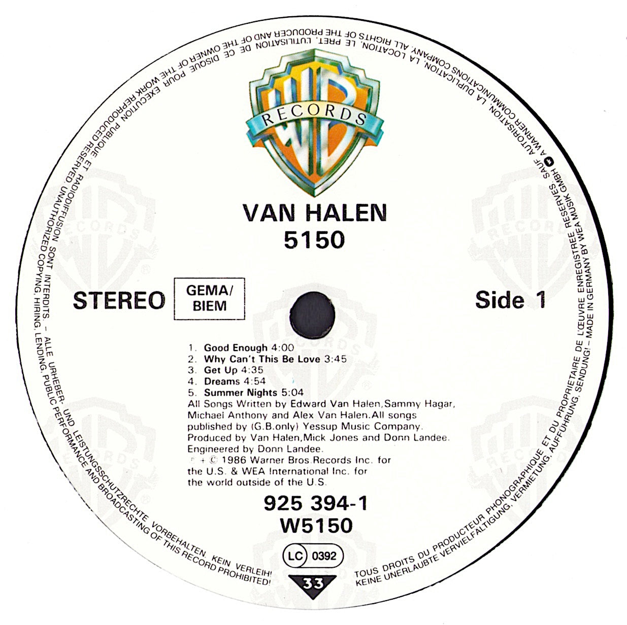 Van Halen ‎- 5150 Vinyl LP