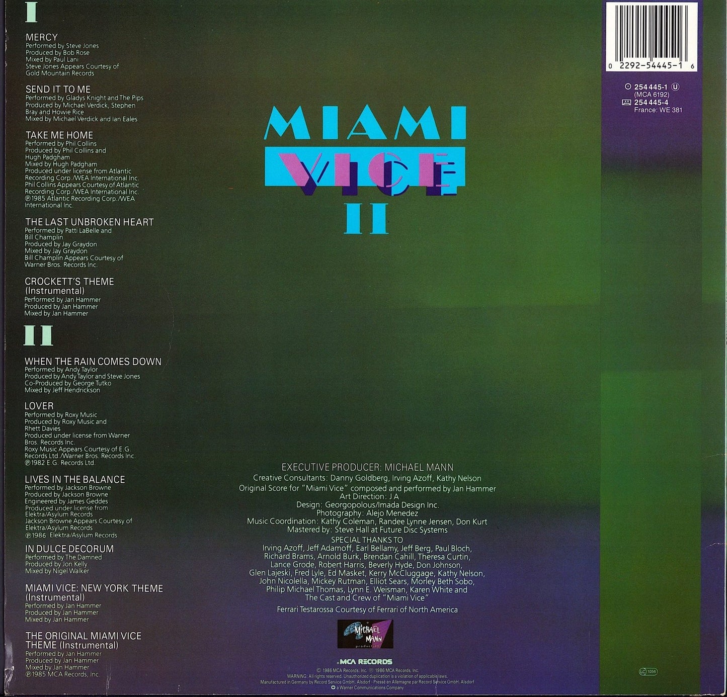 Miami Vice II New Music From The Television Series, "Miami Vice" Starring Don Johnson And Philip Michael Thomas Vinyl LP