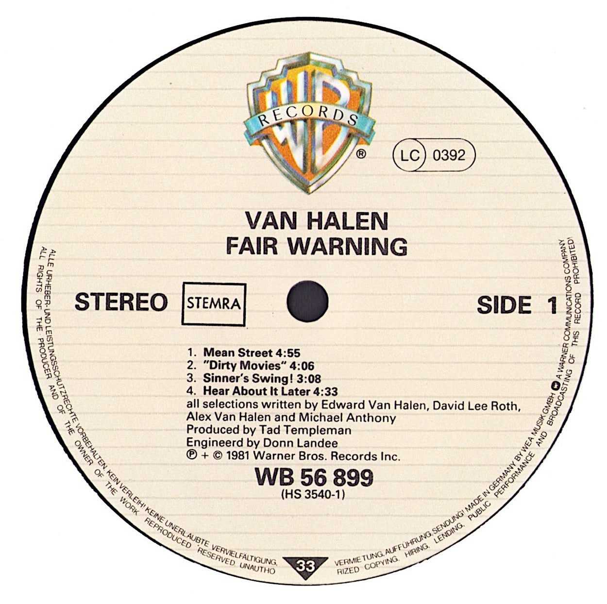 Van Halen ‎- Fair Warning Vinyl LP