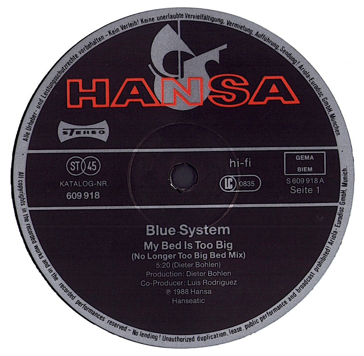 Blue System - My Bed Is Too Big Vinyl 12"